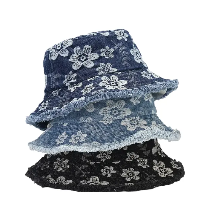 Floral Bucket Hat with Petals -Daisy Flowers Denim Bucket Hat