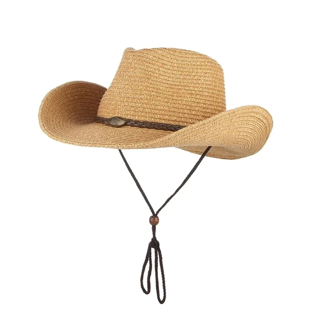 Stylish straw trilby for men with sharp lines and trendy vibe -Western Cowboy Wide Brim Straw Sun Hat