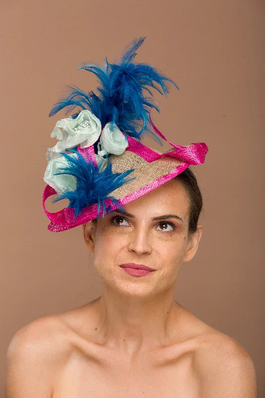 Lightweight felt hat with breathable fabric -Pink Fascinator With Blue Pop (Ana)