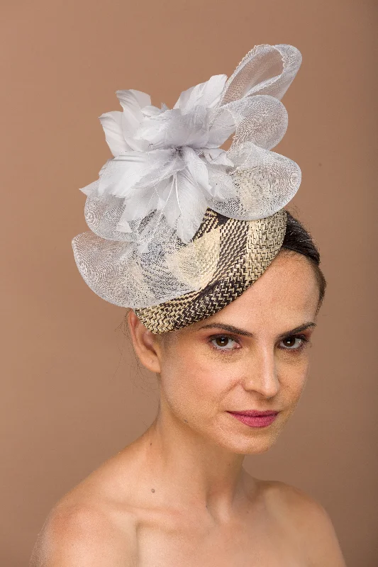 Bold wool felt hat for eye-catching flair -Charlotte- modern fascinator with grey feather flower statement piece