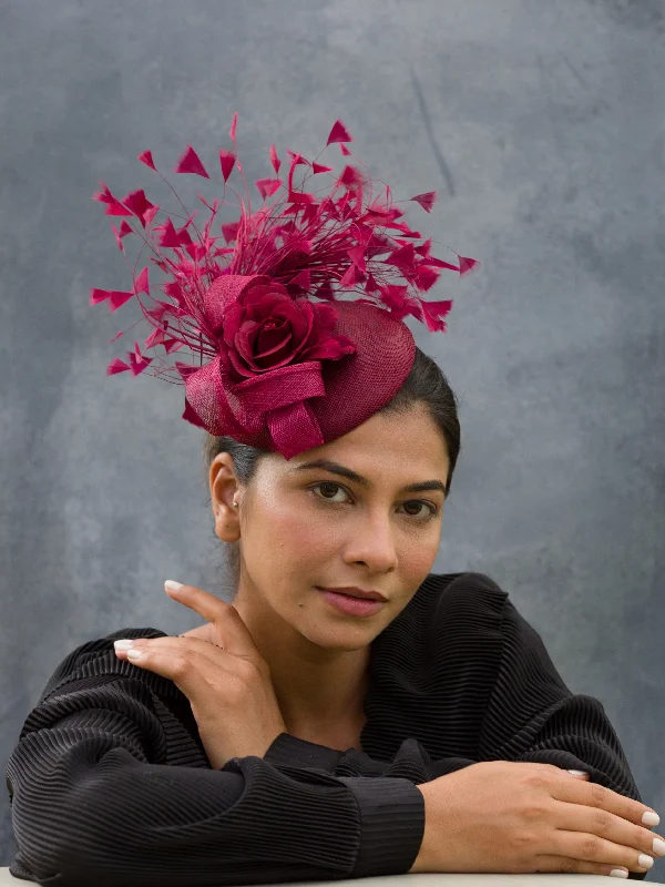 Casual wool felt hat for effortless style -Catalina- burgandy fascinator with twirls and feathers