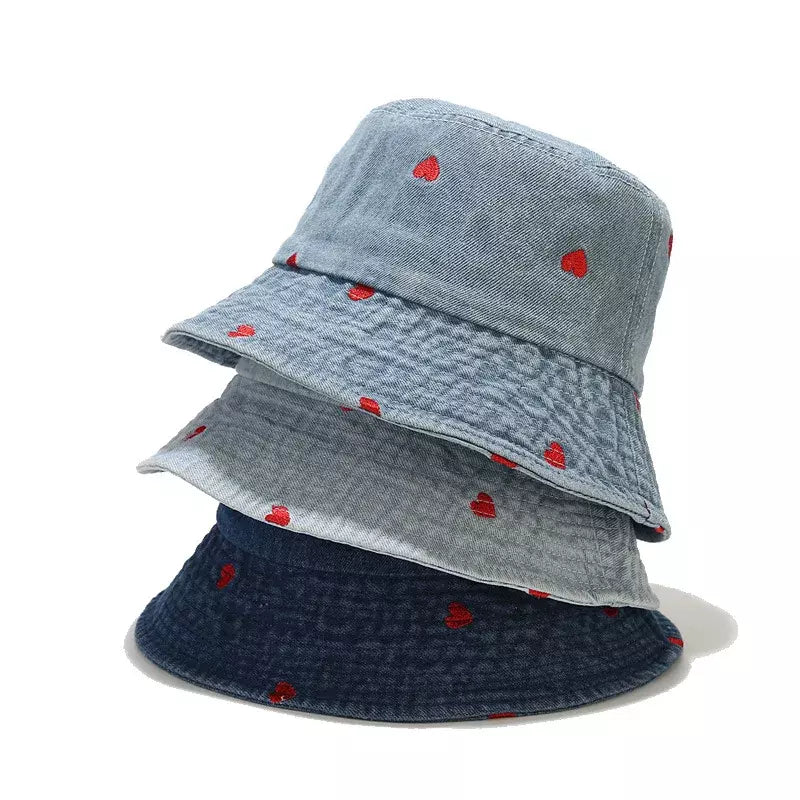 Geometric Bucket Hat for Trend -Hearts Denim Bucket Hat