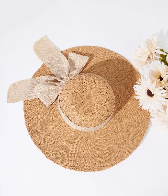 Adjustable straw fedora hat for men with versatile design for all occasions -Tan & Beige Bow Toyo Braid Sun Hat