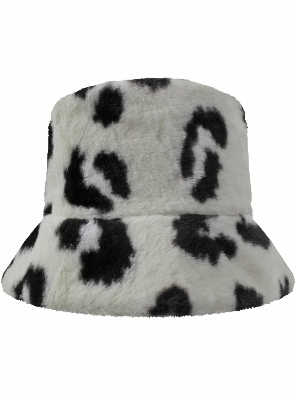 Birthday Bucket Hat for Celebration -Ivory Animal Leopard Print Plush Winter Bucket Hat