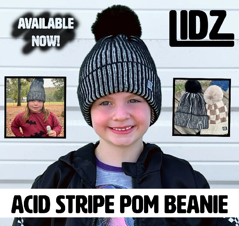 Stylish straw trilby for men with sharp lines and trendy vibe -Black Acid Stripe POM Beanie (Youth)