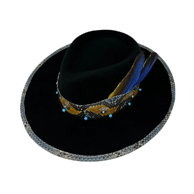 Warm felt hat with thick cozy layers -Black Teardrop Felt with Silver Conchos with Turquoise