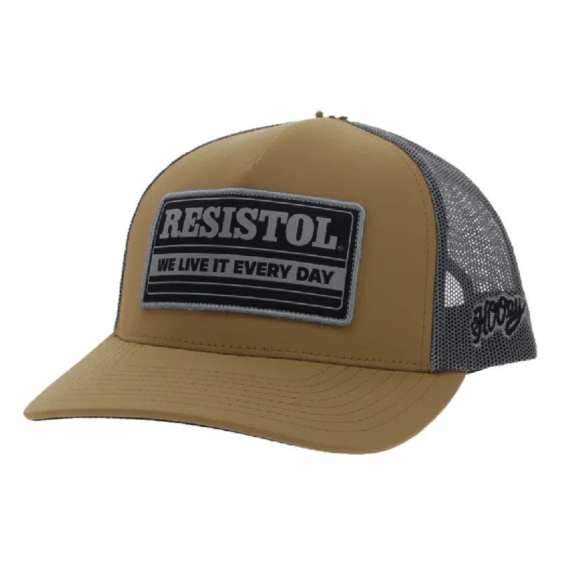 Baseball Cap for Graduation Ceremonies -Resistol Tan / Grey 5-Panel Trucker with Black / Grey Rectangle Patch - OSFA