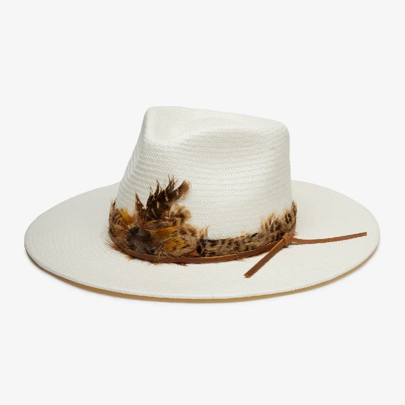 Elegant straw sun hat for women with large brim and stylish band for chic look -Raisa in Ivory