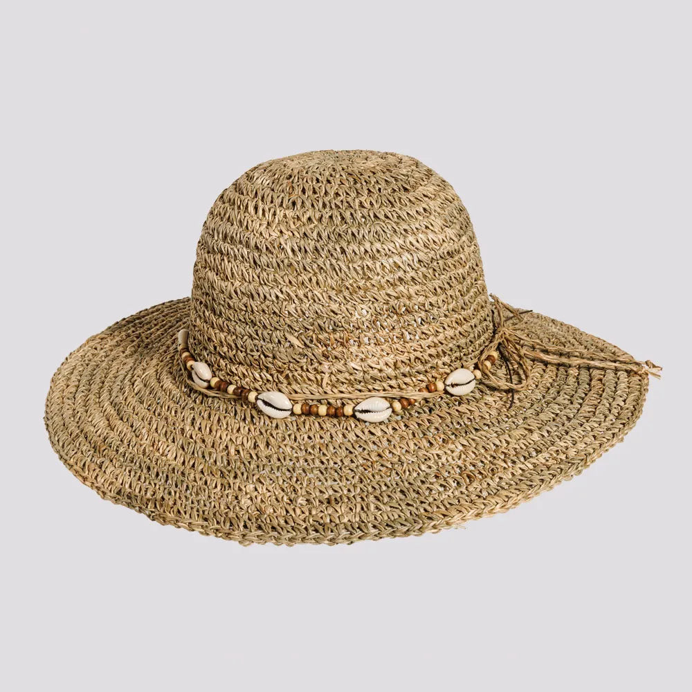 Wide-brim straw fedora for women with timeless style and classic look -Starling | Womens Crocheted Seagrass Sun Hat with Cowrie Shell Band