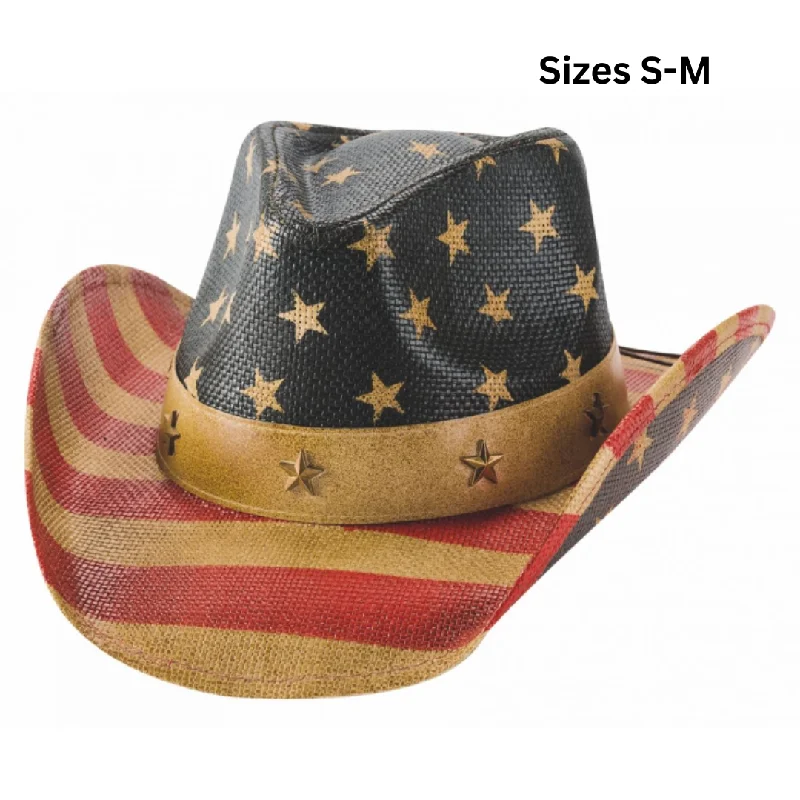 Handwoven straw hat for women with a unique design and artistic craftsmanship -Old Glory Red/Ivory/Blue Patriotic Straw Hat SMALL/MEDIUM 5024