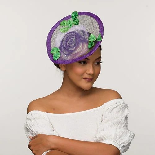 Breathable felt hat for all-season versatility -Purple fascinator base with imprinted floral trim