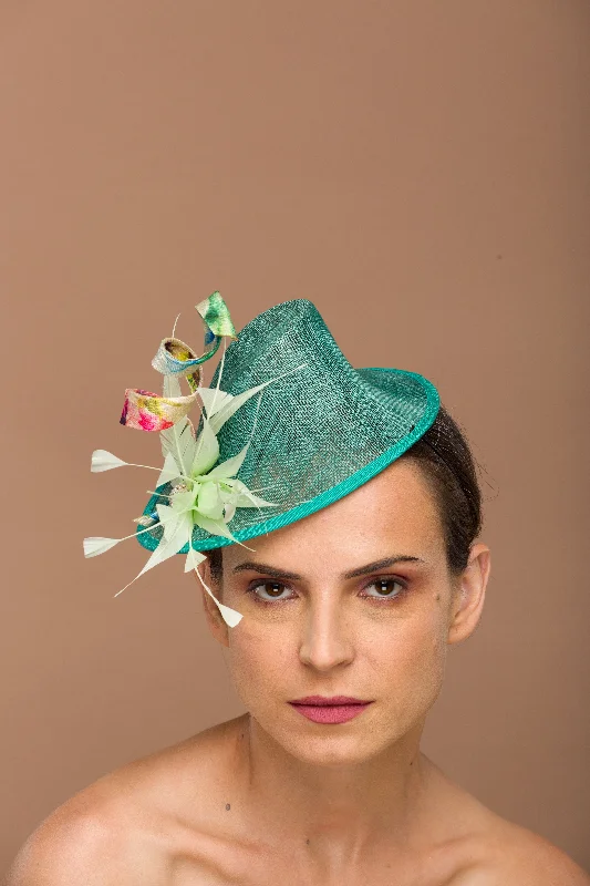 Rugged wool felt hat for harsh conditions -Sarah- green fascinator with colorful twirl and lime green flower