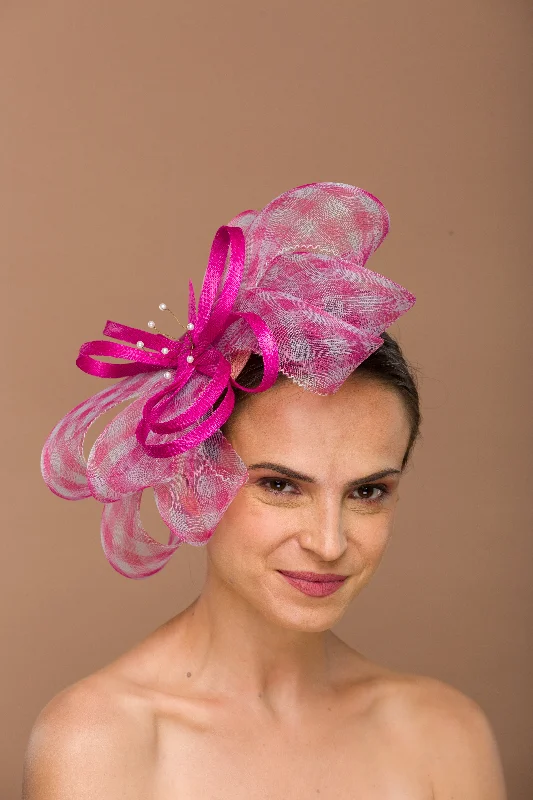 Durable wool felt hat for outdoor durability -Evelyn- Pink bow fascinator with baby pink twirl and pearl stamen