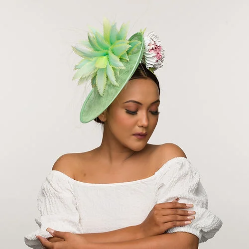 Vintage felt hat with classic fedora shape -Kentucky Derby Fascinator Pastel Green With Leather Flower (Xena)