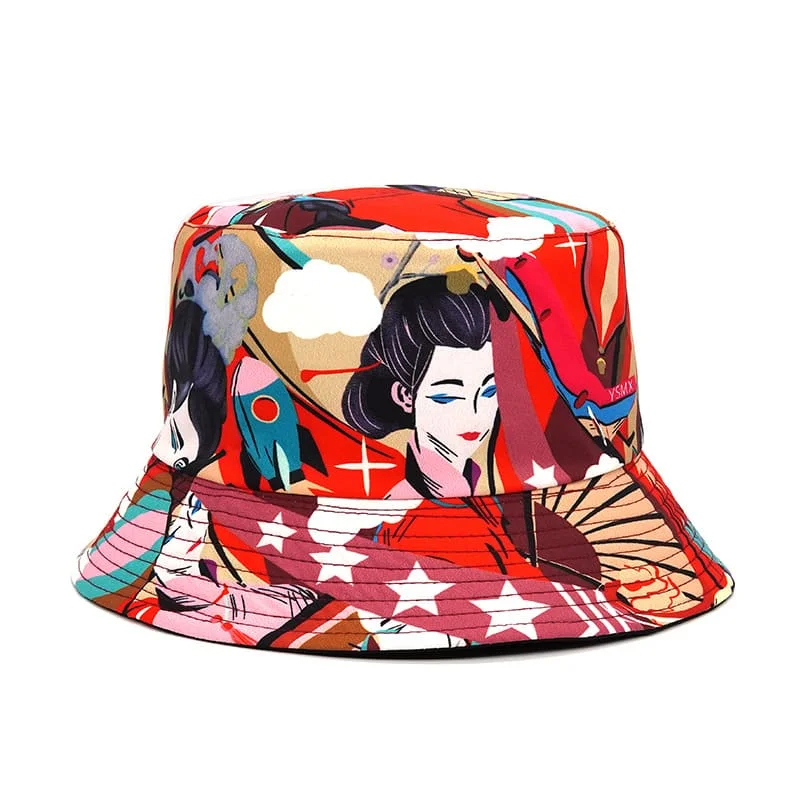 Punk Bucket Hat with Spikes -Japanese Kimono Red Bucket Hat