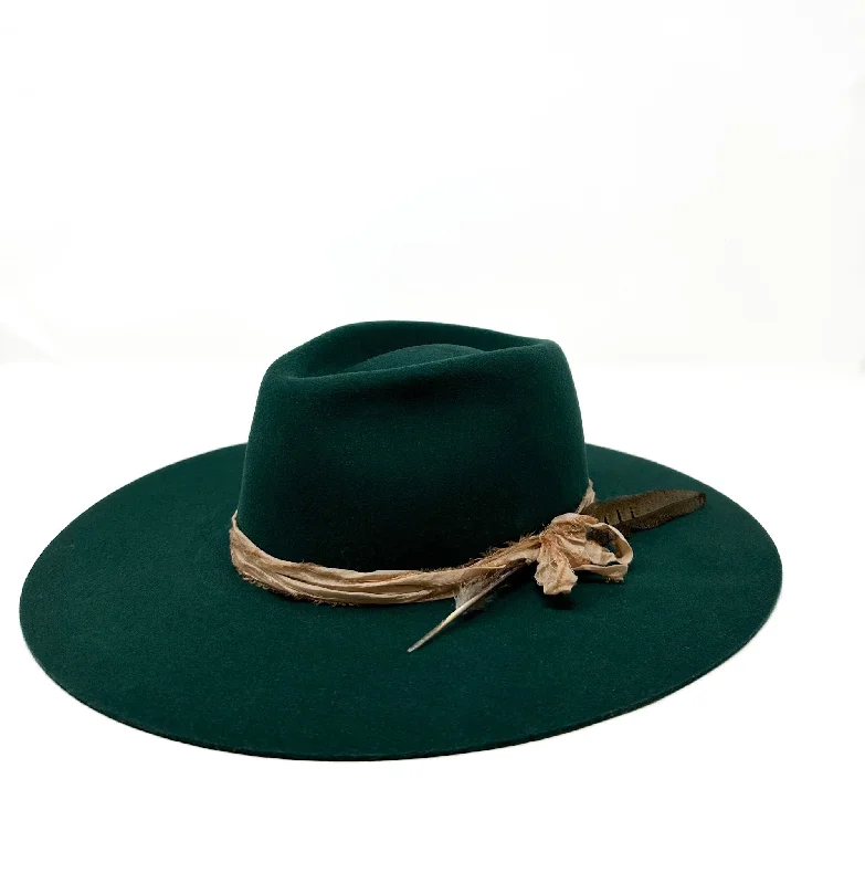 Bold felt hat with vibrant color pops -Montana fedora in emerald green with vintage silks