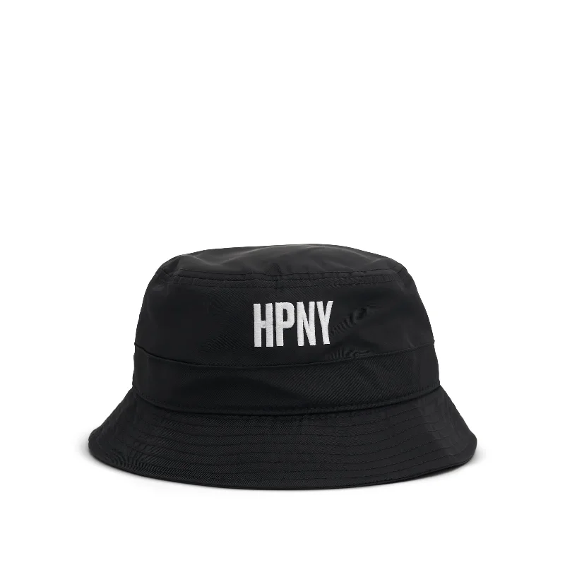 Foldable Bucket Hat for Convenience -HPNY Embroidered Nylon Bucket Hat in Black/White