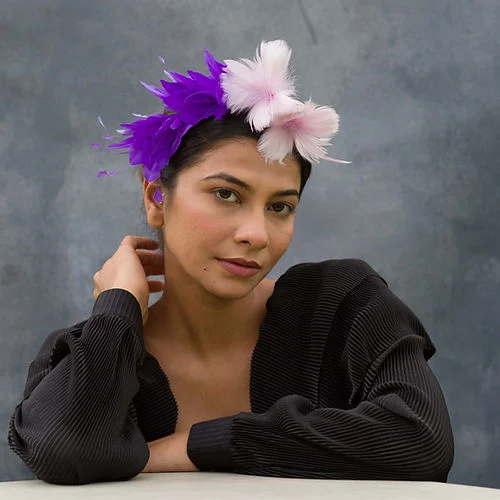 Bold wool felt hat for eye-catching flair -Purple Fascinator With Pink Feather Flowers (Bianca)