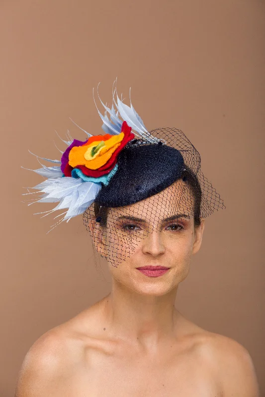 Classic felt hat for vintage-inspired outfits -Navy Fascinator With Birdcage Veil (Foxglove)