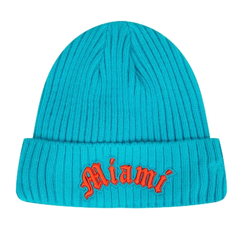 Graphic print cap for artistic expression -NFL MIAMI DOLPHINS OLD ENGLISH UNISEX BEANIE (TEAL)