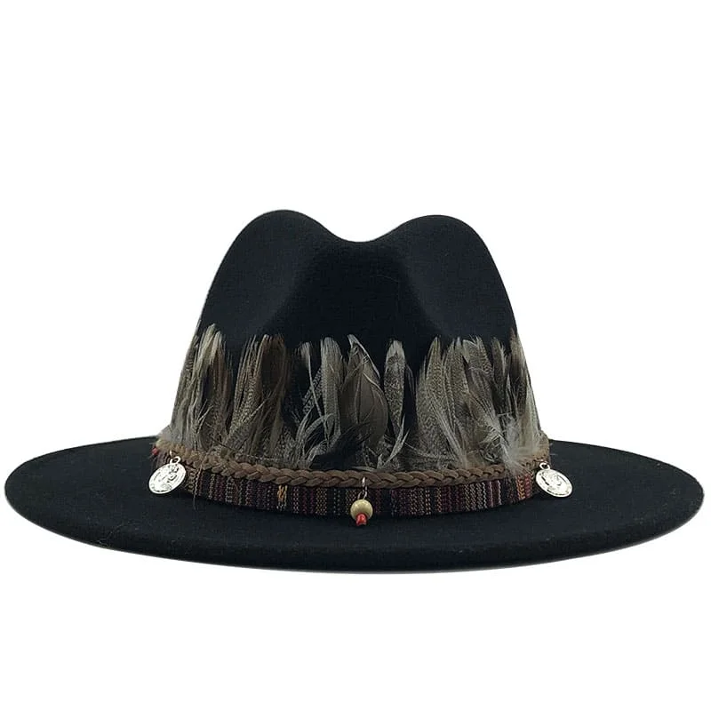 Classic black felt hat for versatile wear -Feathers Belt Wool Fedora Hat