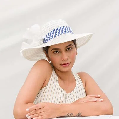 Elegant wool felt hat for dressy occasions -Blue White Hat With Beach Vibes (Tuna)