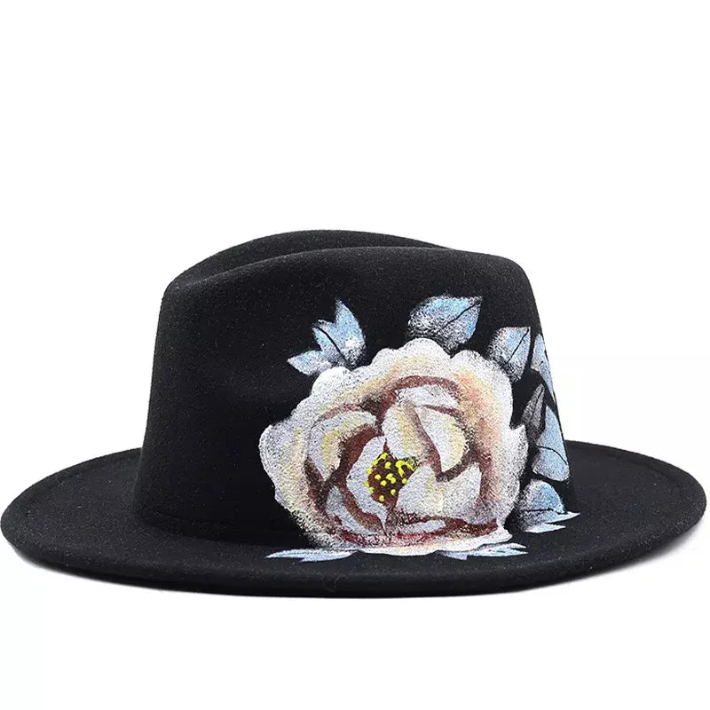 Handcrafted felt hat with eco-friendly materials -Hand Painted Rose Black Fedora Hat