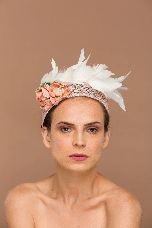 Soft felt hat for gentle head comfort -Blush Pink Fascinator With Leather Flowers (Johanna)