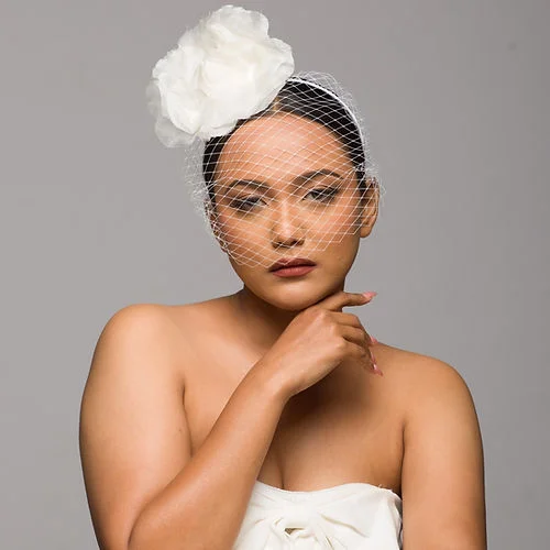 Elegant wool felt hat for special events -Sophia-Subtle veiled headpiece with floral trim