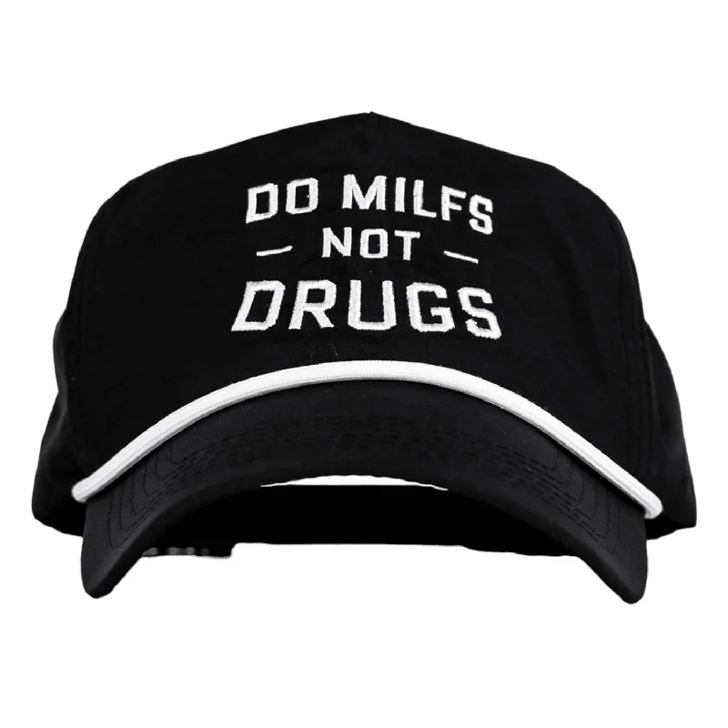 Handwoven straw hat for women with a unique design and artistic craftsmanship -CRUSHABLE ROPE SNAPBACK | DO MILFS NOT DRUGS HAT