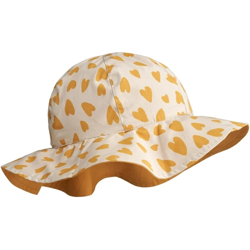 Natural straw hat for men with subtle design and summer-ready appeal -Liewood Amelia Reversible Sun Hat Hearts Sandy Yellow Mellow