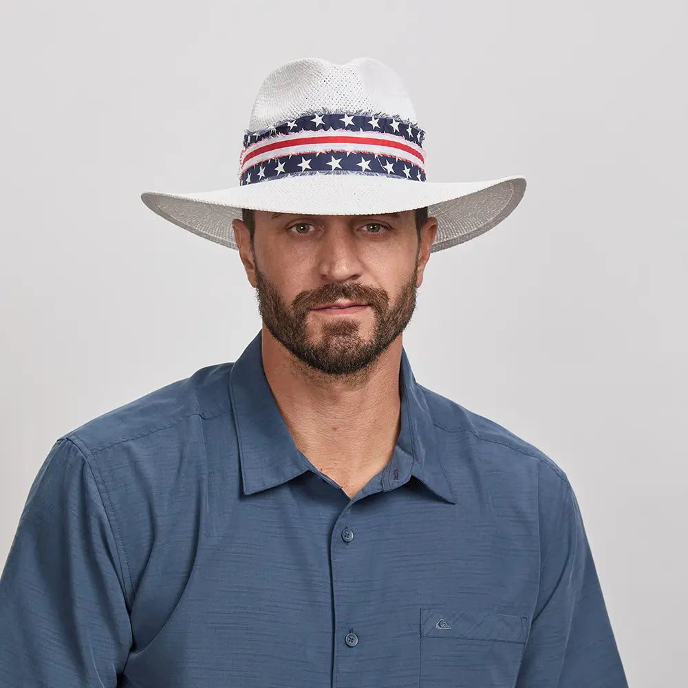 Handwoven straw hat for women with a unique design and artistic craftsmanship -Knox | Mens White Straw Sun Hat with Flag Hat Band