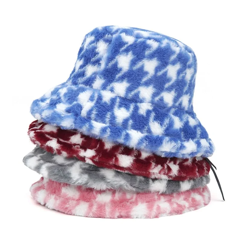 Fisherman Bucket Hat for Fishing -Houndstooth Fur Bucket Hat