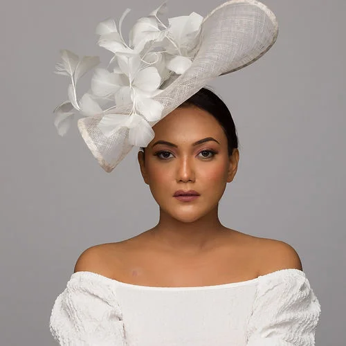 Rugged felt hat for outdoor adventure needs -White and grey fascinator with feather flower