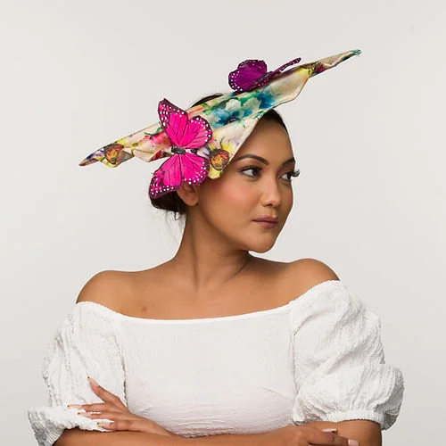 Designer felt hat with intricate stitching patterns -Papillon- floral derby fascinator with butterflies