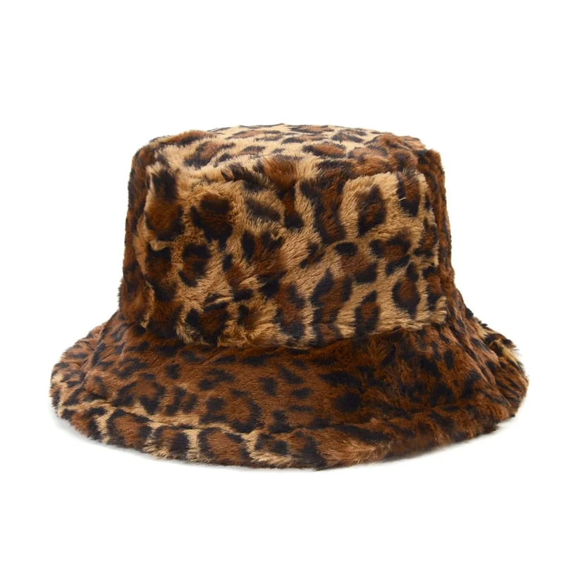 Vintage Bucket Hat for Nostalgia -Winter Leopard Faux Fur Bucket Hat Women Thick Warm Fisherman Hat