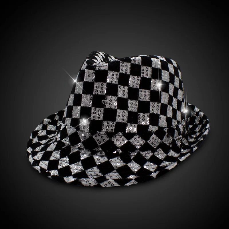 Handcrafted wool felt hat for unique beauty -LED Light Up Flashing Fedora Hat with Checkered Sequins