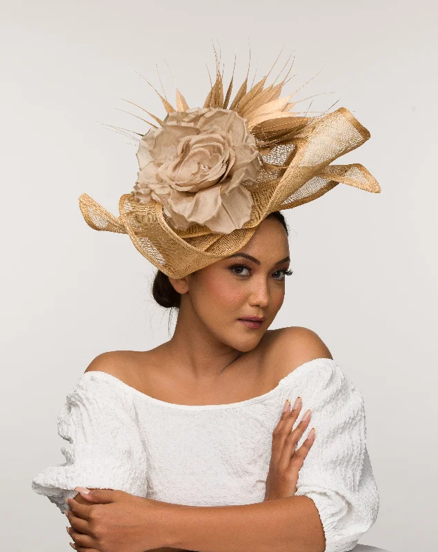 Classic wool felt hat for cold winter days -Amber Jenifer- hand sculpted gold fascinator with silk flower