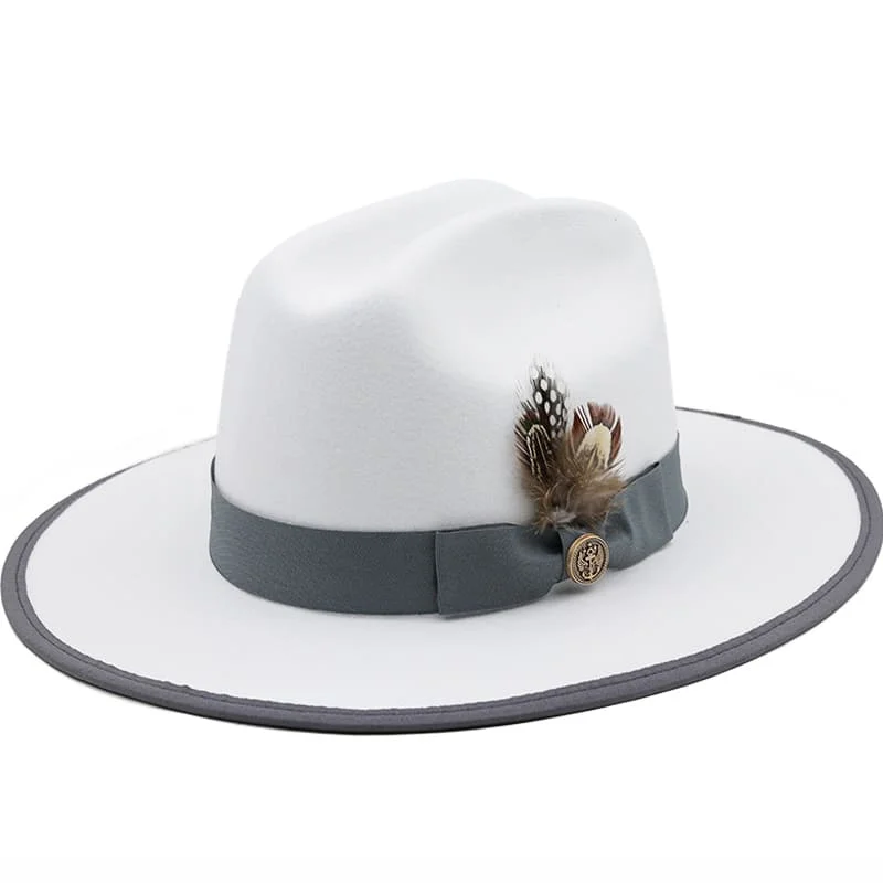 Elegant felt hat with delicate feather trim -Feathers White Wool Fedora Hat