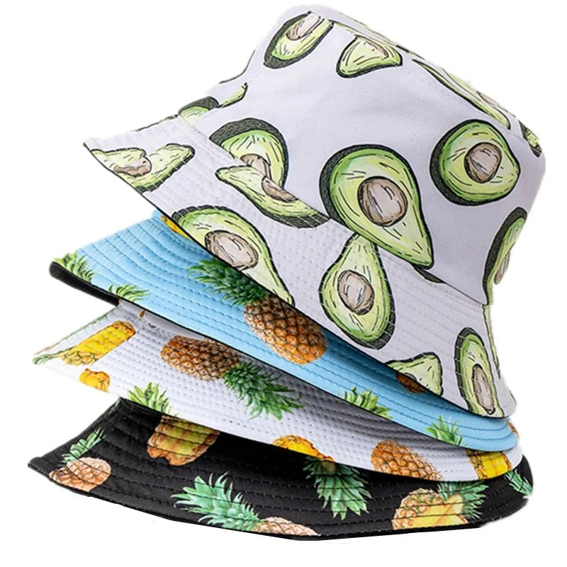 Solid Color Bucket Hat for Simple -Double-sided Wear Fruit Printing Women Cap Outdoor Sun Hat Bucket Hat