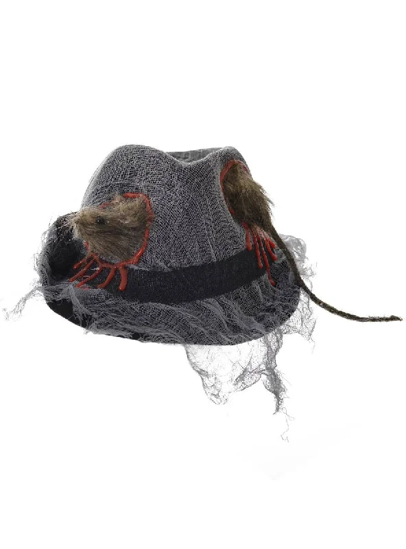 Durable wool felt hat for outdoor durability -Tattered Black and Grey Fedora Hat with Rat