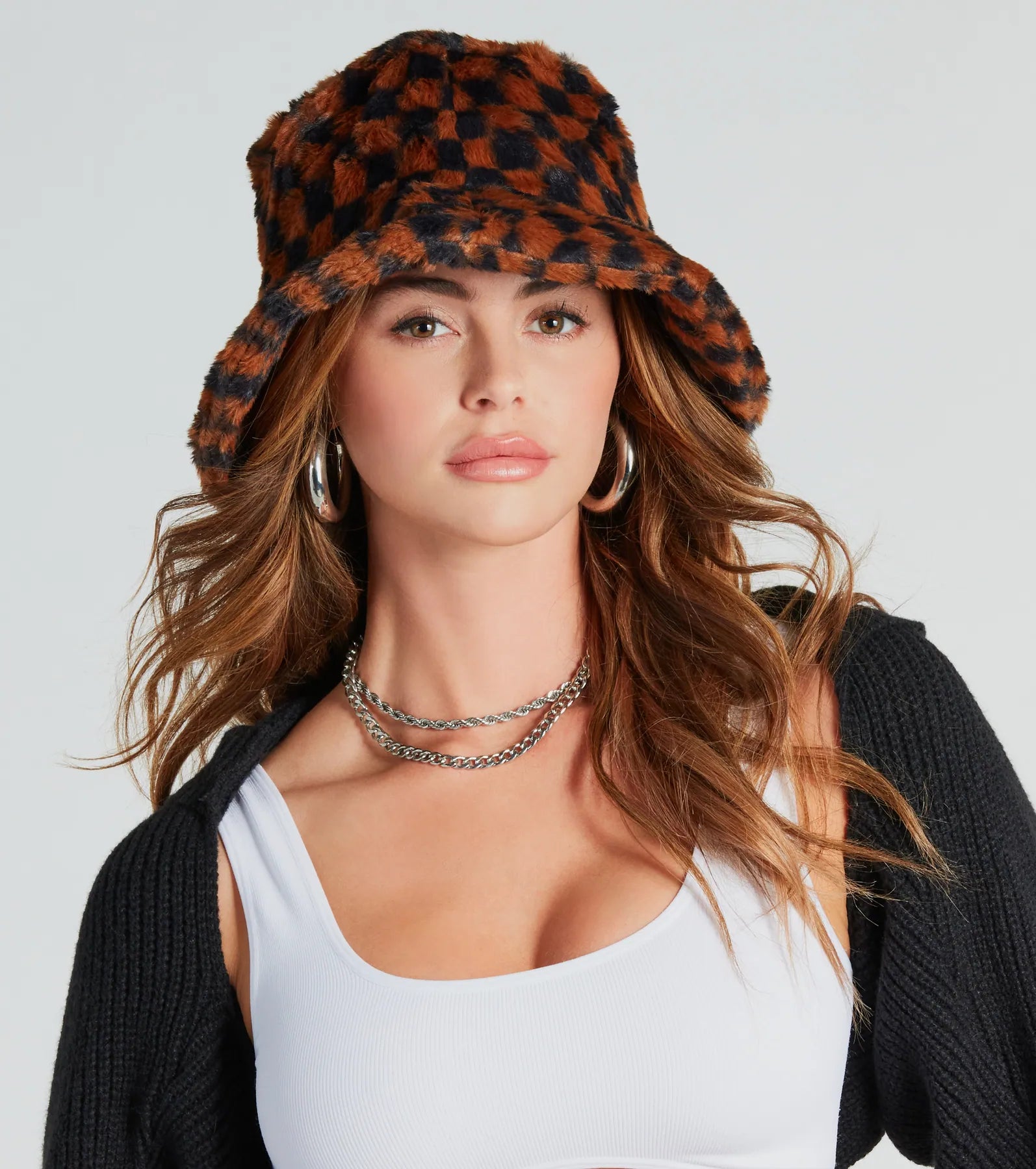 Painted Bucket Hat for Artistic -Cuddly Cute Checkered Faux Fur Bucket Hat