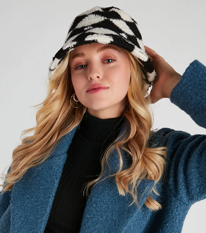 Heart Shaped Bucket Hat for Love -In Check Faux Sherpa Bucket Hat