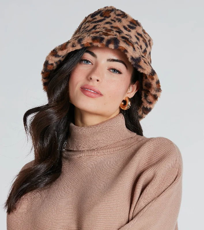 Patchwork Bucket Hat for Unique -Wild Card Leopard Faux Fur Bucket Hat